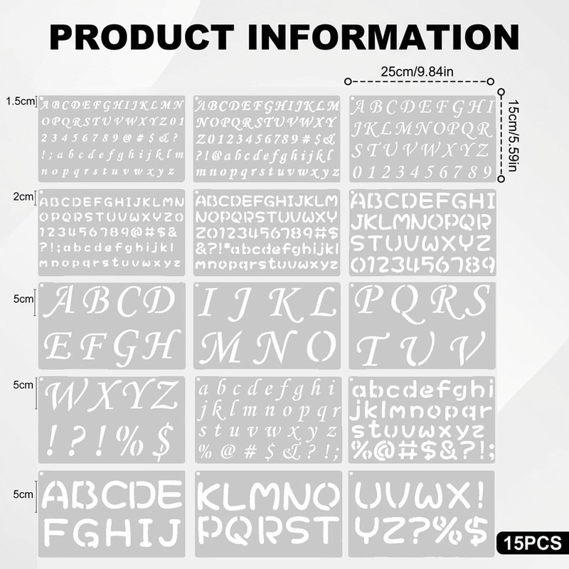 15 Pack Reusable Letter & Number Stencils, Alphabet Calligraphy Templates