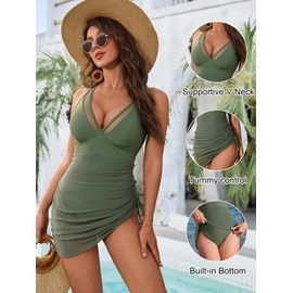 Blooming Jelly Women One Piece Swimsuits Tummy Control Swim Dress Slimming Modest Bathing Suit Skirt (XL, Army Green)