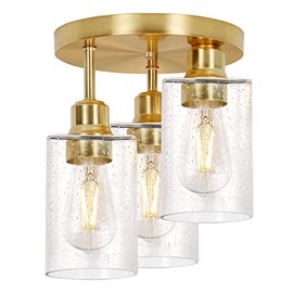 Hykolity 3-Light Semi Flush Mount Ceiling Light, 9 inch Gold Lighting Fixtures with Seeded Glass Shades for Kitchen, Entrance Way and Hallway, ETL Listed