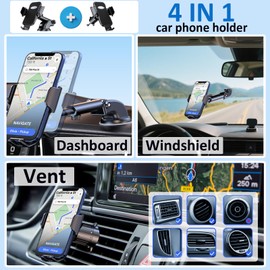 Car Phone Holder, Universal 4-in-1 Adjustable Car Phone Mount 360°Rotation for Dashboard/Windscreen/Air Vent, Upgraded Strong Suction One Button Release automobile Cradle for 4-7.2’’ Smartphone