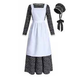 ROLECOS Pioneer Dress Women Black Floral Prairie Dresses Old Fashioned Amish Colonial Pilgrim Costume 3 Piece Set XXL