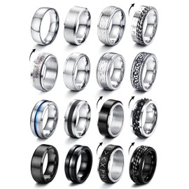 JeryWe 16Pcs Stainless Steel Band Rings for Men Women Fidget Rings for Anxiety Cool Spinner Chain Rings Weddings Promise Band Rings Mens Rings Pack Size 10