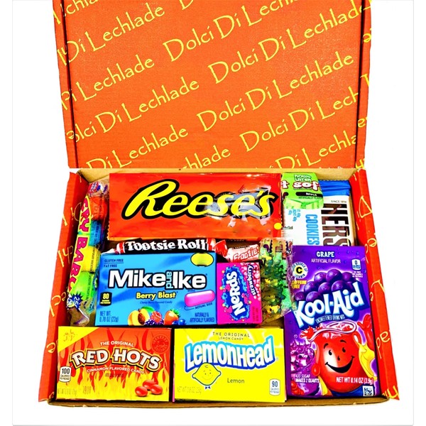 American Sweets Gift Box by Dolci Di Lechlade - Classic USA Candy Chocolate Sweet Reeses, Kool Aid, Nerds, Tootsie - Valentines Day Birthday Thanks Present