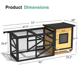 TIMHAKA 71'' Chicken Coop, Chicken House for Outside, Outdoor Duck Coop, Wooden Mobile Chicken Coops with Run & Waterproof Asphalt Roof, Wheels, Removable Tray and Hanging Chicken Feeder