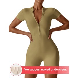 YEOREO Women Workout Jumpsuit Zip Up Short Sleeve Jumpsuit Bottom Pants Bodysuit Bodycon One Piece Romper Green L