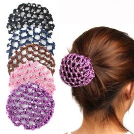 6PCS Women Bun Cover Snood Hair Net with Pearls Decor Crochet Hairnet Long Hair Cover Stretchy Elastic Styling Tool Accessories for Dancer Skater Bank Clerk Office Pro