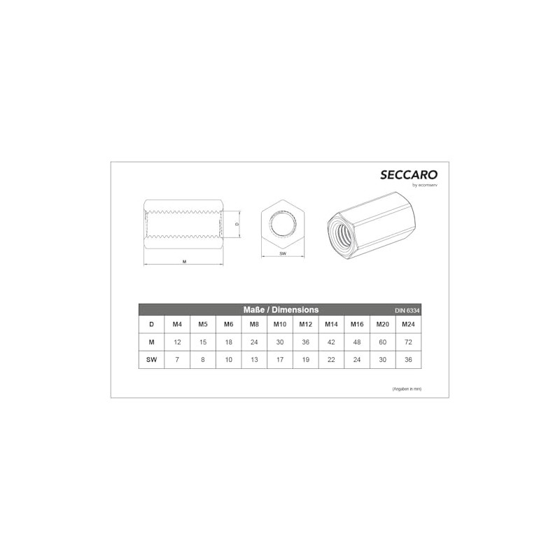 SECCARO M8 Extension Nuts Stainless Steel V2A VA A2 DIN