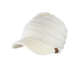 C.C Warm & Thick Cable Knitted Brim Visor Beanie Cap, Ivory