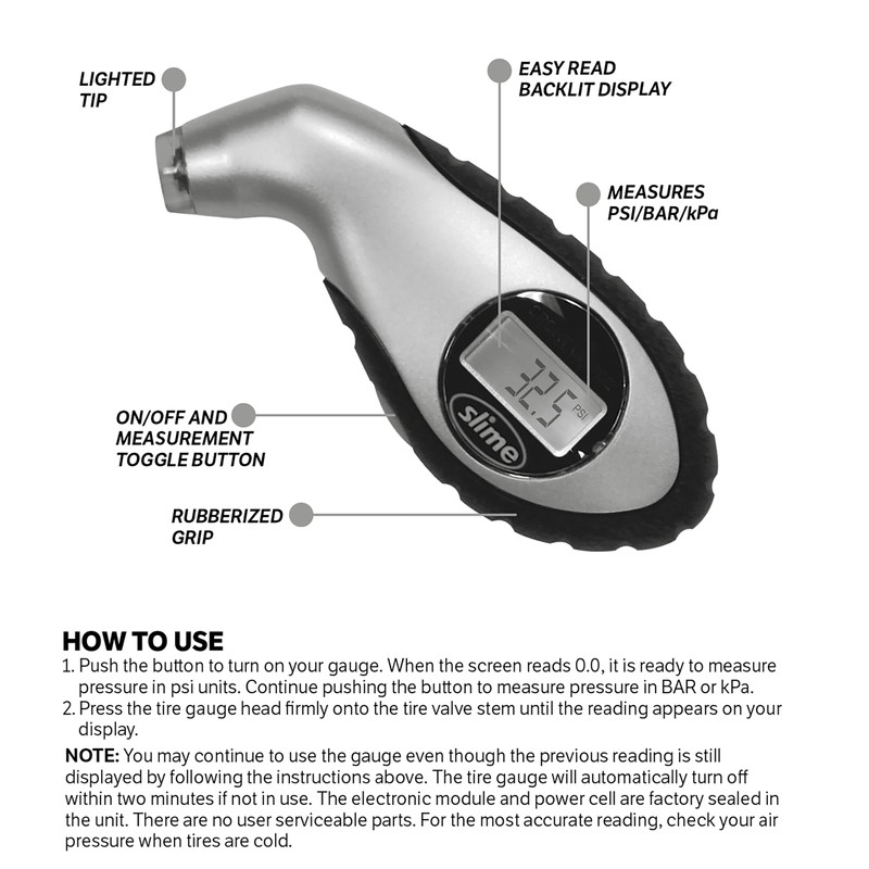 Slime 20017 Tire Pressure Gauge, Digital Gauge, 5-150 PSI