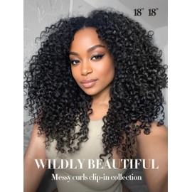 LUVME Curly Clip in Hair Extensions Real Human Hair Messy Curly Clip Ins Fullness with 2 Pack for Women Brazilian Remy Human Hair Natural Black 135g 16Inch