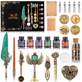 NC Quill Pen and Ink Set，Feather Pen Ink Set, Wax Seal Stamp Set, Feather Calligraphy Pen Set, Valentine's Day Gift for Writing Lovers Birthday Gift, Various Holiday Ideal Gift (Green)