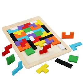 ANCLLO Tangram wooden puzzle with colourful 3D Russian blocks