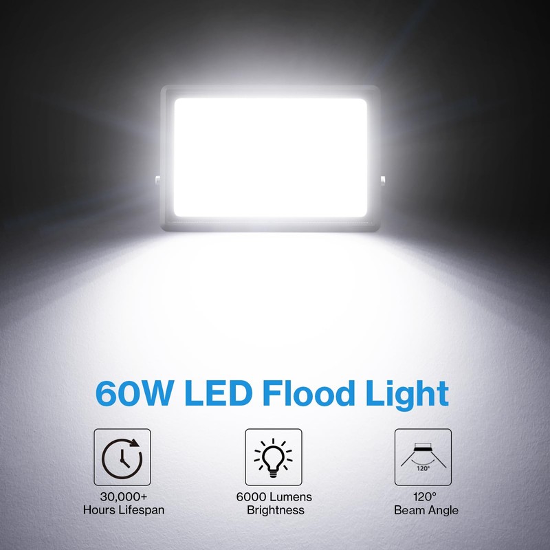 Olafus 2 Pack 60W LED Flood Light Outdoor, 6000LM Super