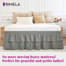 RIMELA Ruffle Bed Skirt Grey Queen 16 Inch Drop, Elastic Wrap Around Bed Skirting Queen Size, Easy to Install Dust Ruffle, Machine Washable Soft Fabric, Multi Ruffle Bedskirt
