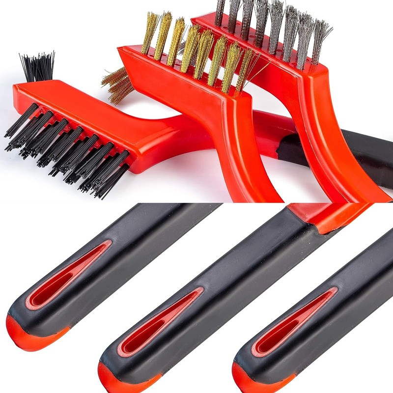 Wire Brush Set 3Pcs, Nylon/Brass/Stainless Steel Bristles with Curved Handle