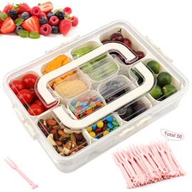 KIUGCO Divided Serving Tray with Lid and Handle, Portable Snackle Box with 8 Compartments & 8 Fruit Forks & 2 Spoons, Charcuterie Container for Party, Entertaining, Picnic, 1 Pack