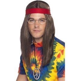 Smiffys Hippie Man Kit, Brown with Wig, Specs, Medallion & Headband, 1960's Groovy Fancy Dress, Adult Dress Up Accessories