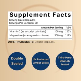 NatureBell Pure Magnesium Citrate 500mg per 3 Capsules Serving Size, 240 Capsules per Bottle | High-Purity Elemental Form | Non-GMO, Gluten-Free