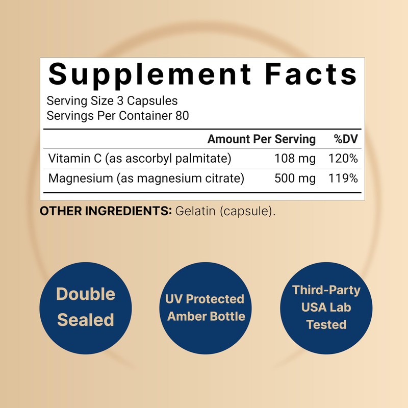 NatureBell Pure Magnesium Citrate 500mg per 3 Capsules Serving Size,