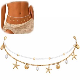 2Pcs Gold Starfish Waist Chain Bikini for Women, Layered Bohemian Body Chain with Shell Beads, Durable Elastic Cute Beachy Accessories for Summer Vacation Party
