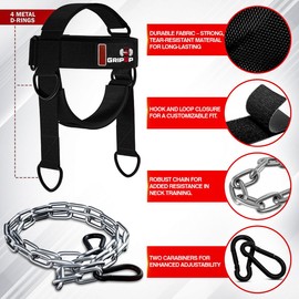 GripUp Neck Harness Weight Lifting Head Harness Chin Strap with D-Hook Adjustable Steel Chain Neck Builder Exercise Boxing Training Strengthener Resistance Gym Workout Injury Recovery Support
