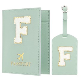 PATIKIL Passport Holder for Travel, Initial Passport Cover and Luggage Tag Set with Alphabet Chenille Letter Patch Travel Wallet Bag Suitcase Identifier for Women Family Travel Green F