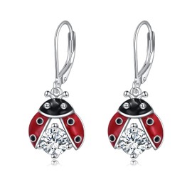 POPLYKE Ladybug Earrings for Women 925 Sterling Silver Ladybug Leverback Earrings Jewelry Ladybug Cubic-Zirconia (Red Ladybug)