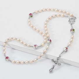 Mecool Vintage Cross Pendant Necklace Vintage Necklace Artificial Pearls Crucifix Cross Long Sweater Chain Necklace | Cross Chain Necklace for Men Christian Gifts for Women Pearl Necklaces for Women