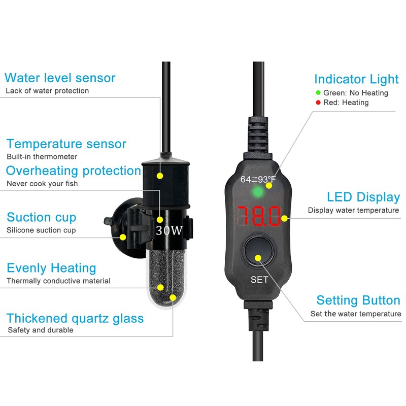YukiHalu Super Mini Aquarium Heater, 10W 20W 30W Adjustable Fish