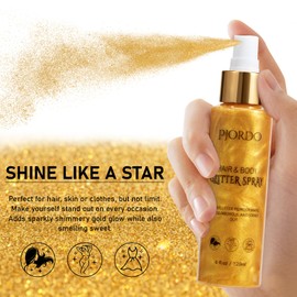 Pjordo Body Glitter Spray, Shimmer Spray, Gold Glitter Spray for Hair and Body, Glitter Hairspray, Quick Dry Long-Lasting Highlighter Powder Spray for Women Christmas Makeup Party Festival Rave 4FL.OZ