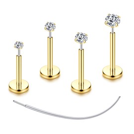Flat Back Earrings Stud G23 Titanium Threadless Piercing Kit - Cartilage Earrings for Women Men - Hypoallergenic Tragus | Conch | Rook | Daith | Medusa | Lip | Labret | Nose Piercings Jewelry 18G 4Pcs Gold