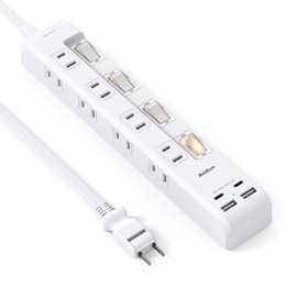 Extension Cord, 9.6 ft (3 m), Power Strip with USB Charging, 8 AC Outlets, 2 USB-A Ports, 2 Type-C Ports, Individual Switch, Table Tap, Power Cord, Lightning Guard OA Tap, Wall Mount/Tabletop, Wall