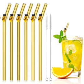 6 Pcs Reusable Glass Straws With Bee Cute Bee Desigh Drinking Straws 8in x 8mm Yellow Party Favors Decorations with 2 Cleaning Brushes for Beverages, Shakes, Juices Suitable for Smoothies, Cocktails