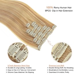 18'' Double Weft Clip in Hair Extensions Real Human Hair Full Head 8PCS 100g Silky Straight -100% Remy Human Hair Highlighted Color Clip in Human Hair Extensions(18 Inch 100g, #18/613)