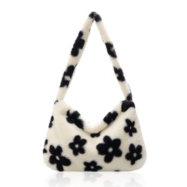 PFLYPF 1 Piece Plush Shopping Bag Shoulder Chain Fashion Women Flower Plush Shoulder Messenger Shoulder Bag Fluffy Bag Large Capacity Underarm Purse Floral Pattern Handbag, White
