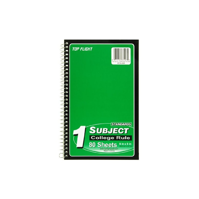 Top Flight Standards 1-Subject Wirebound Notebook, No Holes, 80 Sheets,