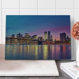 Ambesonne NYC Cutting Board, Manhattan New York City Fascinating View of Skyscrapers with Theme Vivid Dusk Photo, Decorative Tempered Glass Cutting and Serving Board, Large Size, Multicolor