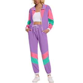 ZDT Womens 80s Outfits 90s Tracksuit Color Block 2 Piece Long Sleeve Windbreaker Jacket Set, Lavender, Large