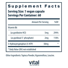 Vital Nutrients Vital Nutrients 5-HTP 50mg (5-hydroxytryptophan) | Vegan Serotonin Support Supplement* | Sleep and Stress Support | 5HTP and Vitamin B6 | Gluten, Dairy, Soy Free | Non-GMO | 60 Capsules