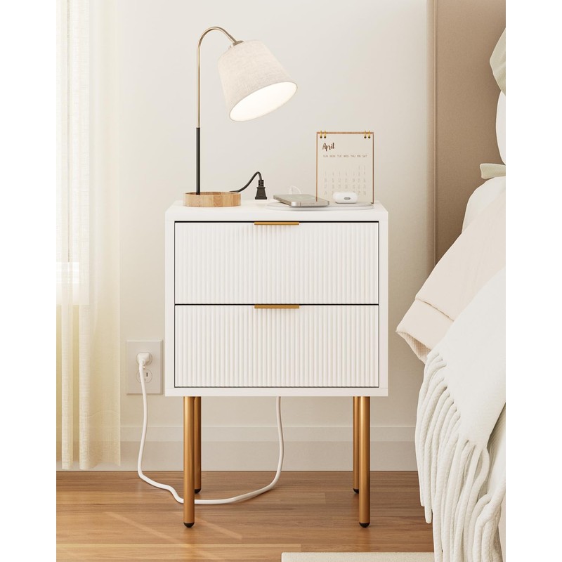 Masupu Nightstand with Charging Station,Mid-Century Modern Bedside Table with 2
