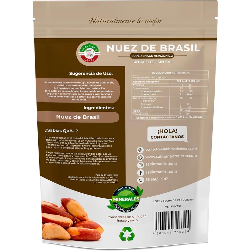 Nuez de Brasil 500g Premium, Natural, Sin sal, Sin aceite