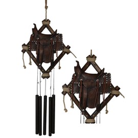 Ebros Gift Large Farm Country Rustic Horse Saddle in Faux Tooled Leather Finish Decorative Wind Chime Garden Patio As Farmland Western Hanging Mobile Figurine for Cowboys Cowgirls Country Horses