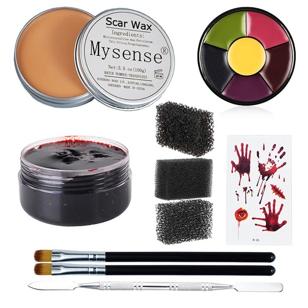 Mysense 3.5Oz(100g) Nose and Scar Wax SFX Make Up Special Effects Fake Molding Wound Skin Wax Halloween Stage Zombie Makeup with 6 Color Body Paint Spatula Fake Blood Gel Tatooes Stipple Sponges