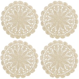PHANTOMON Crochet Doilies Handmade Round Cotton Lace Table Placemats Knitted Tablecloth, Star Pattern Rippled Edge, Pack of 4 (10 Inch, Beige)