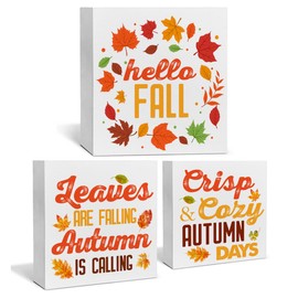 3 Pcs Fall Tiered Tray Decor Hello Fall Sign Home Decorations Autumn Theme 3 Pcs Wood Decorative Signs for Table Desk Shelf Wall