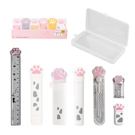 ZWZNBL 9 Pieces Cat Claw Stationery Cute Stationery Set School Supplies Pencil Sharpener Eraser Correction Tape Sticky Notes Ruler Mini Scissors for Girls (Pink)