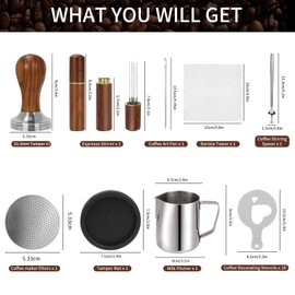 Gmnuiy 53.3mm Coffee Tamper Set, 24PCS Espresso Accessories ， Barista Kit, WDT Tool,stainlesss Frothing Pitcher, Stirrer, Tamper Mat, Latte Art Pen， Coffee puck screen