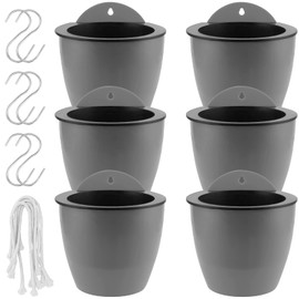 HOIGON 6 Pack 7 Inch Self Water Hanging Plants Pot, Self Watering Wall Hanging Plastic Planters with S-Hooks and Wicks, Lazy Flower Pot for Indoor Outdoor Orchids African Violet, Gray