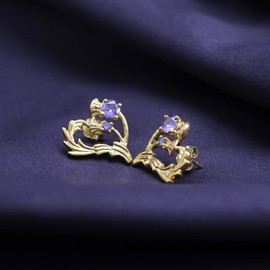 Thistle Heart Simulated Amethyst Stud Earrings in 14k Yellow Gold Over Sterling Silver
