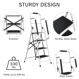 4 Step Ladder Folding Step Stool Ladder for Adults with Handrails and Tool Bag - 330lb Capacity Nonslip Steel Frame Stepping Stool - Foldable Ladders for Home Repair, Kitchen or Bedroom by Stalwart